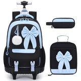 Rolling Backpack for Girls, 3PCS Bow Wheeled Girls Backpack Set with Lunch Bag and Pencil Case, Waterproof Kids School Bookbag for Elementary, Middle High School