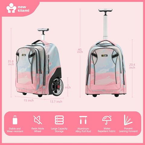NEW TILAMI 20" Rolling Backpack for Teens Adults, Climbing Stairs Waterproof Backpack with Wheels for School Business Trave Camping with Laptop Compartment, Fit 17 Inch Laptop, Pink Dawn