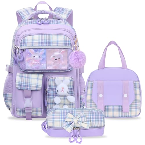 NSEQB Kids School Backpack Set With Lunch Bag for Elementary Girls,Purple