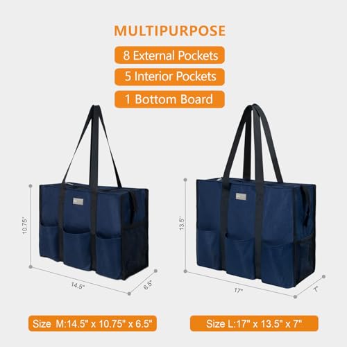 TOPDesign Utility Water Resistant Tote Bag with 13 Exterior & Interior Pockets, Top Zipper Closure & Thick Bottom Support, for Working Women, Teachers, Nurses, Accountants (Blue)