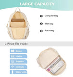 PRLINJSK Kawaii Backpack for Teen Girls, Cute Aesthetic High Middle School College Bookbag with Accessories, Beige
