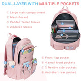 VASCHY Backpack for Girls Ages 8-12, 17 Inch Lightweight School Bag with Clear Pin Display Pouch, Water Resistant Teen Girl Bookbag with Multiple Pockets, Middle School Backpack for Grades 3-6 Pink