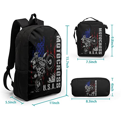 Giwawa Motocross Vehicle Teens School Backpack Set American Flag Canvas Girls Boys School Bags Travel Bookbags 3 in 1