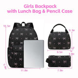 FADOVYE Waterproof Laptop Backpack for Girls Women, Water Resistant College School Backpack Casual Daypacks with Lunch Box Pencil Case (Bows-Black)