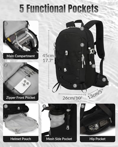 Outplea Small Cycling Backpack with Helmet Holder for Men Women, 15L Waterptoof Lightweight Hiking Backpack with Chest Strap & Waist Pocket for MTB Biking, Black