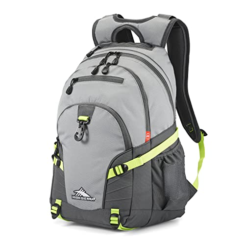 High Sierra Loop Backpack, Travel, or Work Bookbag with tablet sleeve, One Size, Steel Grey/Mercury/Neon Green | Backpacks4Less