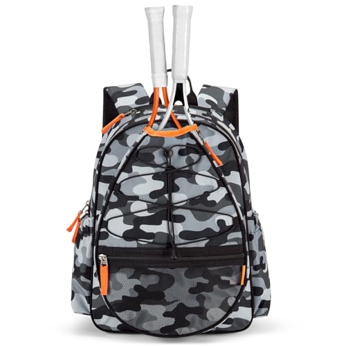 Choco Mocha Kids Tennis Bag for Boys, 16 Inch Youth & Junior Tennis Backpack with Shoe Compartment, Holds 2 Rackets (21–23 Inch), Camo Gray