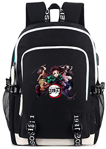 Roffatide Anime Backpack for Boys Printed Schoolbag Laptop Rucksack with USB Charging Port & Headphone Port Black