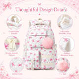 shiprabags Quilted Backpack for Teen Girls, Cute Pink Bow School Backpack with Multi-Pocket Design, Lightweight Cotton Bookbag Fits 15.6" Laptop, Large Capacity Aesthetic Backpack with Plush Charm