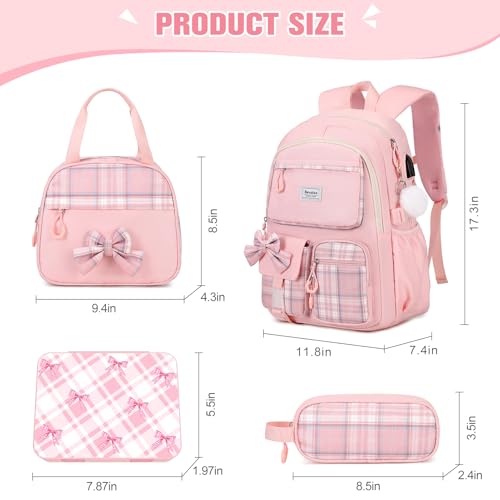 Bevalsa Backpack for Girls, Bow Plaid Bookpack with Bento Lunch Box, Insulated Bag & Utensils, 34oz Lunch Containers School Bags Set for Children Teens Kids Elementary Middle school Student (Pink)