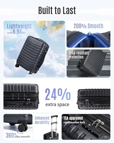 LIGHT FLIGHT Expandable 20" Carry On Luggage 22x14x9, TSA Lock, Black