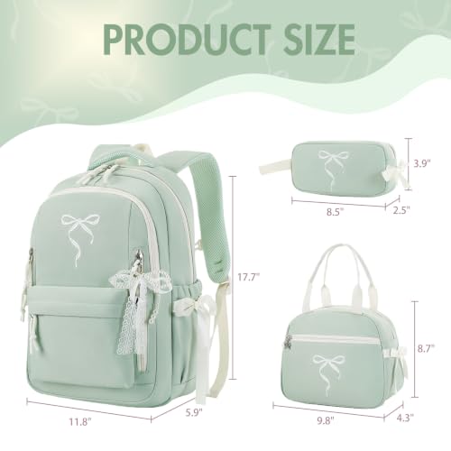 Similove Kids Backpack for Girls - 3PCS Cute Embroidered Bow Girls Backpack with Insulated Lunch Bag & Pencil Case - Bookbag for Teen Women Middle High School College Work Travel Daypack