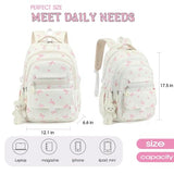 PRLINJSK Girls Backpack for College High Middle School Student, Cute Aesthetic Bookbag for Teens Women with Accessories, Beige Bow