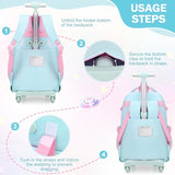 FIXITOK Rolling Backpack for Girls, Kawaii Bunny Roller Wheels School Backpacks with Lunch Bag Pencil case, Wheeled Suitcase Bookbag for Elementary Travel Aquamarine