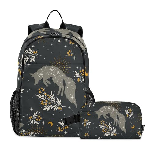 Jucciaco Magical Fox Stars Moons Boho Backpack with Lunch Bag, School Backpack for Teens Boys Girls Kids Travel Backpacks Set
