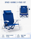Old Bahama Bay 2 Pack 7-Position Lay-Flat Beach Chair, Lightweight Aluminum Frame Reclining Backpack Chair with Padded Headrest, Cup Holder & Storage Bag, Heavy Duty Support for Tanning & Camping Blue
