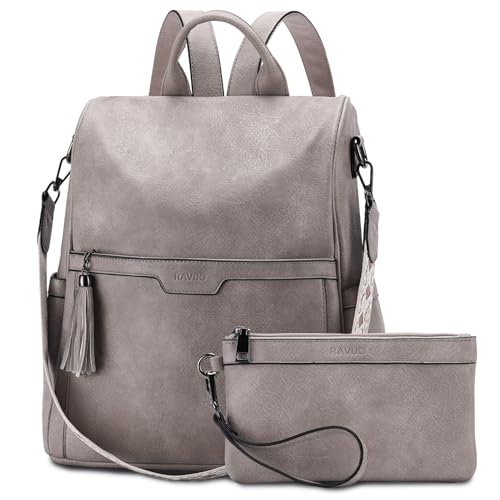 RAVUO Backpack Purse for Women, Fashion Anti Theft Leather Purse Convertible Ladies Shoulder Bag Handbag with Guitar Shoulder Strap,Grey