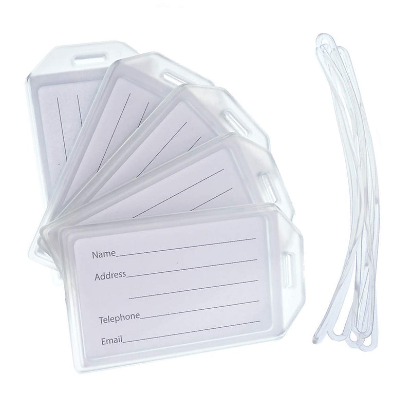 5 Pack - Premium Rigid Airline Luggage Tag Holders with 6" Worm Loops - Heavy Duty Hard Plastic - Suitcase ID Tag Identifiers with Business Card Insert Window by Specialist ID (Translucent/Clear)