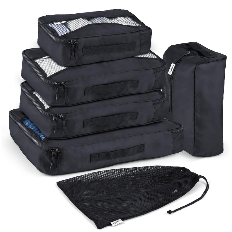 5 Piece Packing Cubes for Travel in Sizes (X - Large, Large, Medium, Small) by Pebbler | Organizers for Suitcases, Carry Ons, Duffle Bags, Backpacks, Moving | Bonus Laundry Bag (Midnight Black)