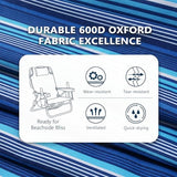 5-Position Aluminum Lay Flat Backpack Beach Chair 2 Pack, Compact Portable Low Beach Chairs for Adults, Beach Chair with Cooler Pouch, Storage Pouch, Towel Bar, Cup Holder, Blue Stripe
