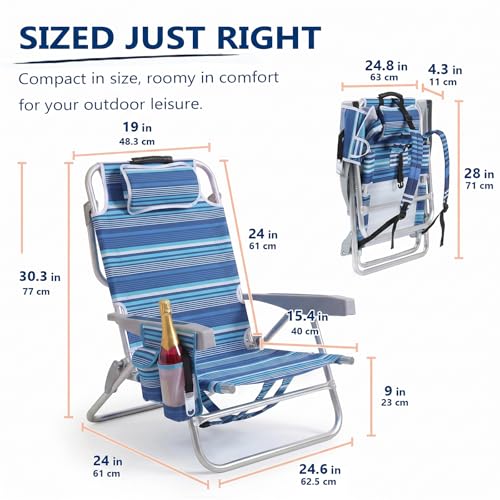 5-Position Aluminum Lay Flat Backpack Beach Chair 2 Pack, Compact Portable Low Beach Chairs for Adults, Beach Chair with Cooler Pouch, Storage Pouch, Towel Bar, Cup Holder, Blue Stripe
