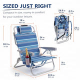 5-Position Aluminum Lay Flat Backpack Beach Chair 2 Pack, Compact Portable Low Beach Chairs for Adults, Beach Chair with Cooler Pouch, Storage Pouch, Towel Bar, Cup Holder, Blue Stripe