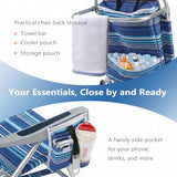 5-Position Aluminum Lay Flat Backpack Beach Chair 2 Pack, Compact Portable Low Beach Chairs for Adults, Beach Chair with Cooler Pouch, Storage Pouch, Towel Bar, Cup Holder, Blue Stripe