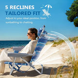 5-Position Aluminum Lay Flat Backpack Beach Chair 2 Pack, Compact Portable Low Beach Chairs for Adults, Beach Chair with Cooler Pouch, Storage Pouch, Towel Bar, Cup Holder, Blue Stripe