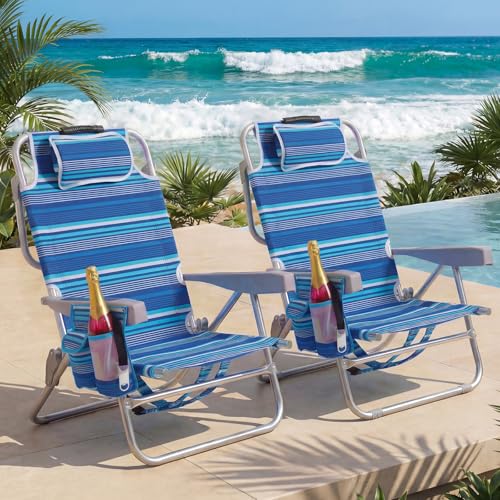5-Position Aluminum Lay Flat Backpack Beach Chair 2 Pack, Compact Portable Low Beach Chairs for Adults, Beach Chair with Cooler Pouch, | Backpacks4Less
