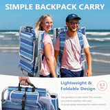 5-Position Aluminum Lay Flat Backpack Beach Chair 2 Pack, Compact Portable Low Beach Chairs for Adults, Beach Chair with Cooler Pouch, Storage Pouch, Towel Bar, Cup Holder, Blue Stripe
