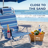 5-Position Aluminum Lay Flat Backpack Beach Chair 2 Pack, Compact Portable Low Beach Chairs for Adults, Beach Chair with Cooler Pouch, Storage Pouch, Towel Bar, Cup Holder, Blue Stripe