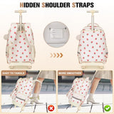 ACESAK Rolling Backpack for Girls, Roller Backpack with Lunch Bag & Pencil Pouch for Teen Girls Kids, Bookbag Backpack with Wheels for Women Elementary Middle High School Travel (Beige Strawberry)