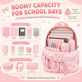 BTOOP Multi-Compartment Kids Backpack for Girls, Cute Pink Bow School Backpack with Chest Strap, Side Pocket Fits 40 oz Tumbler, Luggage Strap, Girls Bookbag for Elementary Middle School