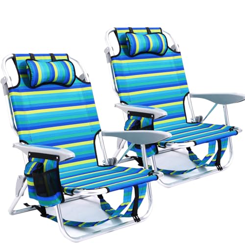 Canpsky 2 Pack Lightweight Portable Camping Beach Chair for Adults, Outdoor Lay Flat Folding Beach Chairs with 5 Positions, Backpack Beach Chair with Towel Bar, Zipper Pouch, Cup Holder, Ocean Striped