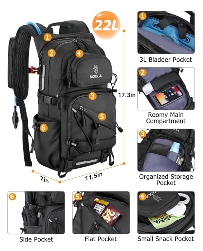 NOOLA Hydration Hiking Backpack with 3L Water Bladder - 22L Water Backpack for Cycling, Running, Biking - Lightweight Hiking Pack Bag with Rain Cover, Phone Holder and Trekking Pole Holders, Black