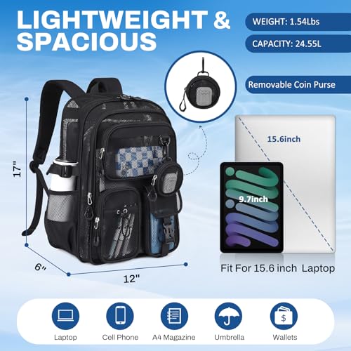 QIXIHU Mesh Backpack for School, Heavy Duty Large Capacity Bookbag, Breathable See Through Clear Beach Bag with Detachable Coin Purse for Kids, Girls, Boys, Net Backpack for Sport Gym Travel Pool