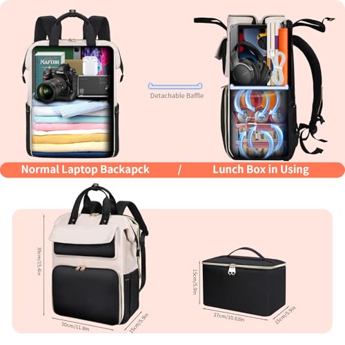 BERTASCHE Lunch Backpack for Women, 15.6 Inch Laptop Backpack with Insulated Cooler Lunch box, Work Backpack for Teacher Nurse Travel College Picnic, Black-Beige