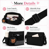 Inshere Ita Crossbody Bag, Nylon Messenger Bag with Clear Display Window and Detachable Pin Display Bag, Kawaii Shoulder Purse with Multiple Pockets, Black