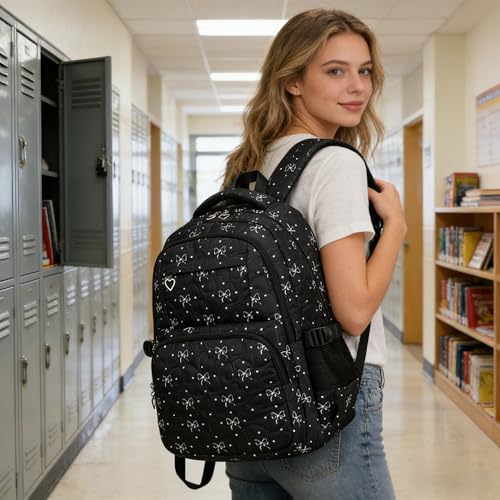 QYTFOA Girls Backpack Set with Bows Heart-shaped Lightweight Schoolbags for Girl Children Spacious Bookbag Waterproof(black-2)