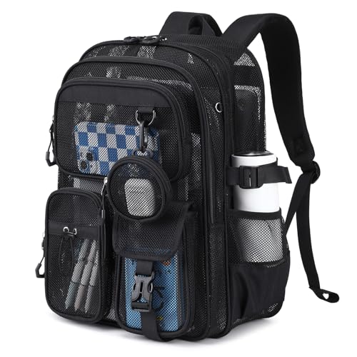 QIXIHU Mesh Backpack for School, Heavy Duty Large Capacity Bookbag, Breathable See Through Clear Beach Bag with Detachable Coin Purse for Kids, Girls, Boys, Net Backpack for Sport Gym Travel Pool