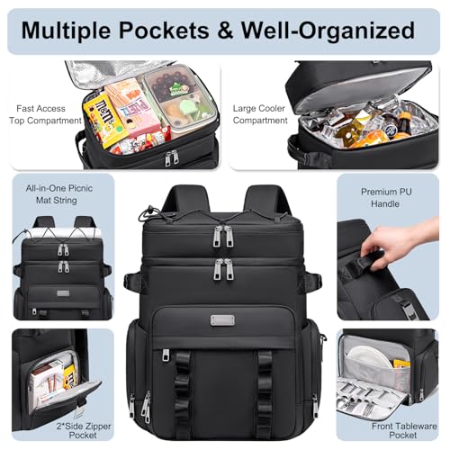 Weitars Insulated Cooler Backpack,Double Deck Waterproof Soft Cooler Bag,Backpack Coolers Leak Proof Lunch Backpack for Men Women for Travel,Camping,Picnic,Beach,Picnic,Outdoor 31L/52 Can (Black)