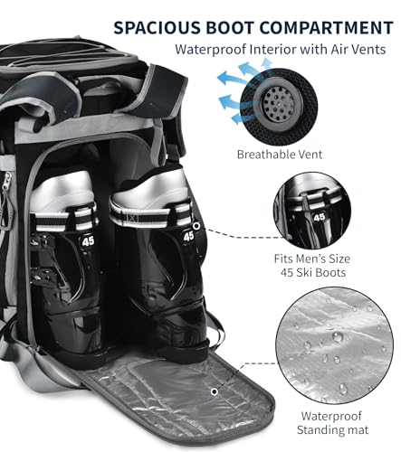Heliar 55L-70L Expandable Ski Boot Bag – Waterproof, Durable Backpack with Multiple Compartments, Adjustable Webbing for Ski/Snowboard, Comfortable Padded Back Panel, Ideal for Ski Travel
