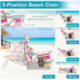 Suteck Beach Chair, Adjustable 5-Position Backpack Beach Chairs for Adults Kids, Foldable Lay Flat Chair with Cooler Bag, Cup Holder and Lumbar Pillow, Reclining Lay Down Chairs (1, Rainbow Pink)