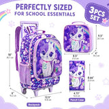 KLFVB Kids Rolling Backpack for Girls, Roller Wheels School Bag with Lunch Bag, Wheeled Sequins School Bookbag for Children - Cat