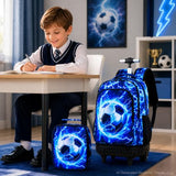 KLFVB Rolling Backpack for Boys and Mens, 3PCS Roller Bookbag with Lunch Bag for Kids, Wheeled School Bag for Children - Lightning Soccer