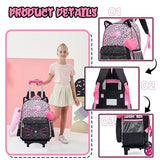 Meetbelify Rolling Backpack for Girls Cute Cat Backpack with Wheels for Elementary Students Kids Black Travel Luggage for Girls Age 6-8