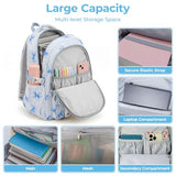 shiprabags Corduroy Backpack for Teen Girls, Aesthetic Cute Blue Bow School Backpack with Multi-Pocket, Lightweight Bookbag Fits 15.6 Inch Laptop, Large Capacity Casual Daypack for School Travel