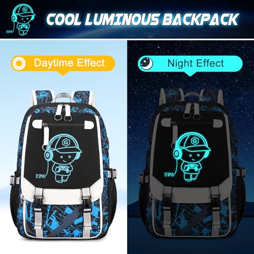 Bevalsa Backpack for Boys, Cool Luminous Boys Backpack with Sling Bag, Lunch Box & Pen Case, School Bags for Kids Children Teens Elementary Middle Schools, Bookbag Glow In The Dark (Blue)