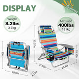 2Pk Aluminum Extra Wide 5-Position Lay Flat Folding Backpack Beach Chairs for Adults, with Cooler Bag, Cup&Phone Holder, Towel Bar for Outdoor Lawn Picnic Sport, Portable Camping Chairs, Multi Stripes