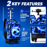 KLFVB Rolling Backpack for Boys and Mens, 3PCS Roller Bookbag with Lunch Bag for Kids, Wheeled School Bag for Children - Lightning Soccer